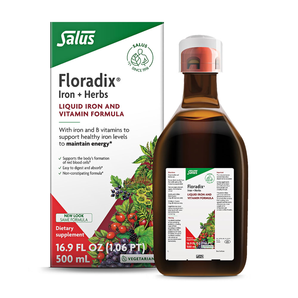 Floradix bottle front shows plant-based liquid for daily wellness.