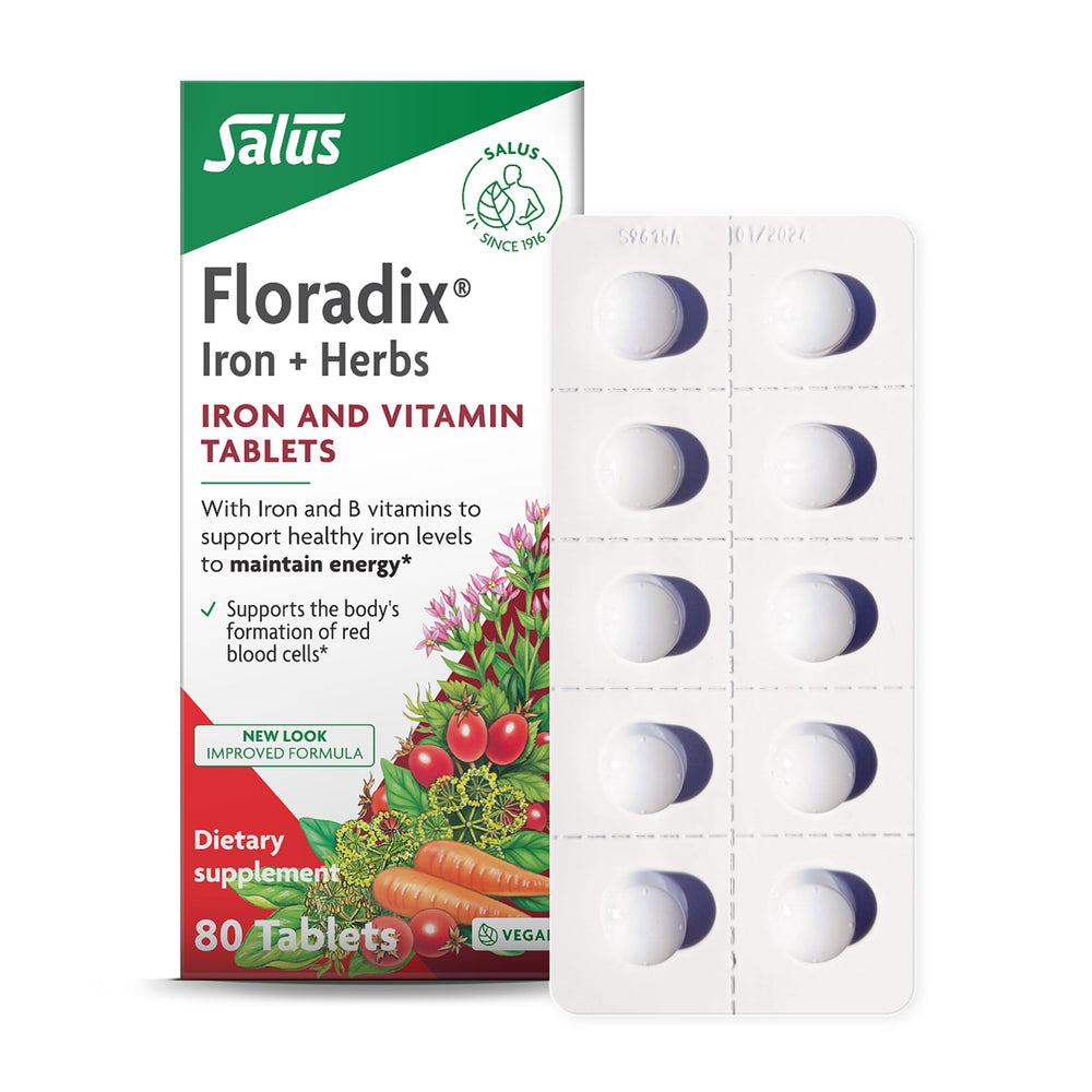 Floradix Iron Tablets box and bottle for 80 servings