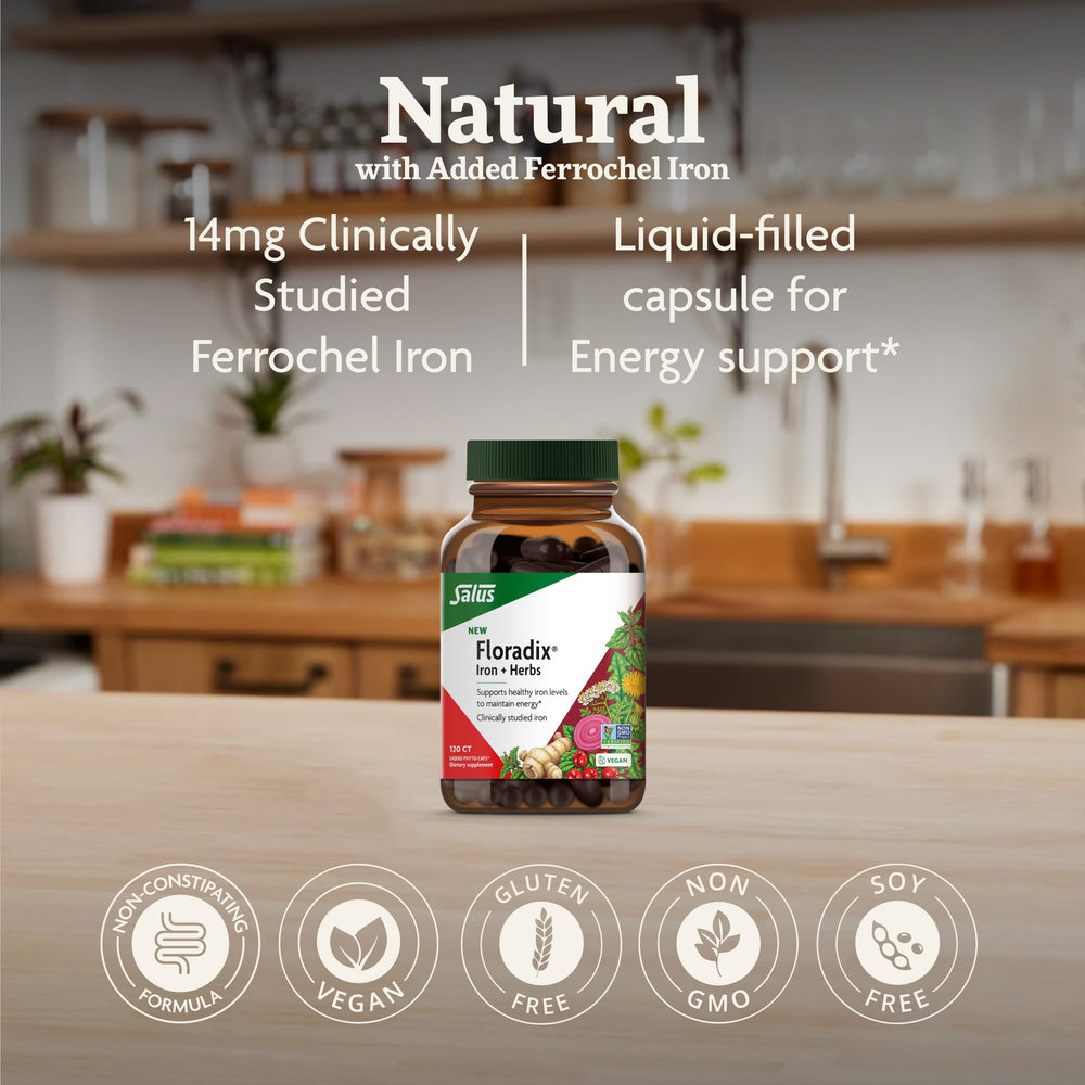 Floradix Iron + Herbs packaging and bottle on white background