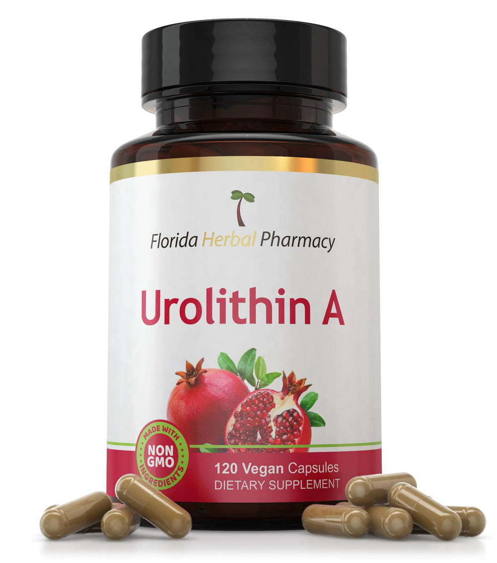 Front view of Florida Herbal Pharmacy Urolithin A Extract Capsules bottle