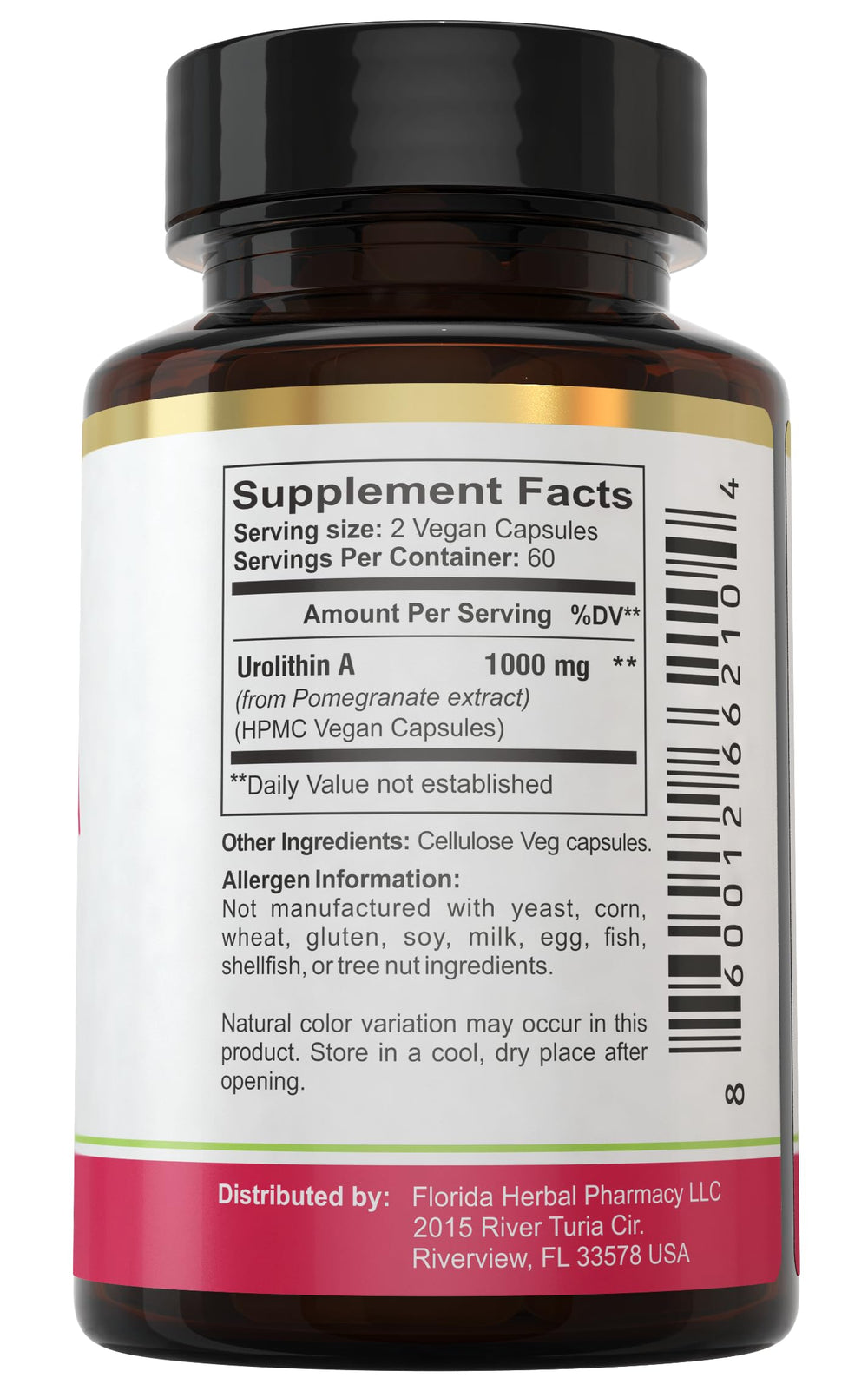 Close-up of Urolithin A capsule showing 500 mg per capsule
