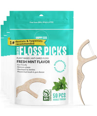 Biodegradable floss picks 200-piece plant-based dental flossers (mint) - close up