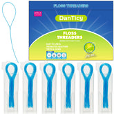 Blue floss threaders displayed in packaging