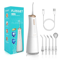 FlossJet packaging contents: flosser, tips, USB-C cable, user manual