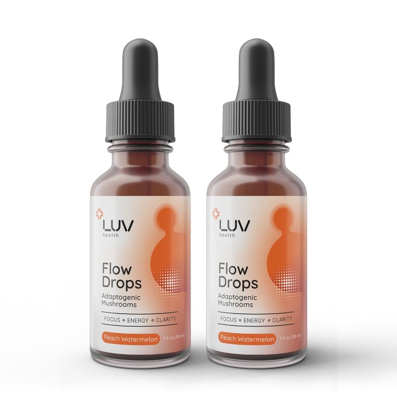 Front view of LUV health Flow Drops bottle on white background