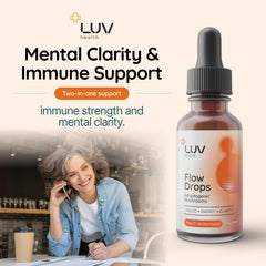 Flow Drops bottle highlighting immune support and mental clarity benefits