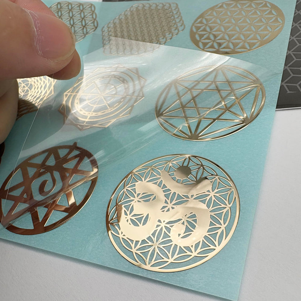Flower of Life Orgonite sticker gold plated – side angle