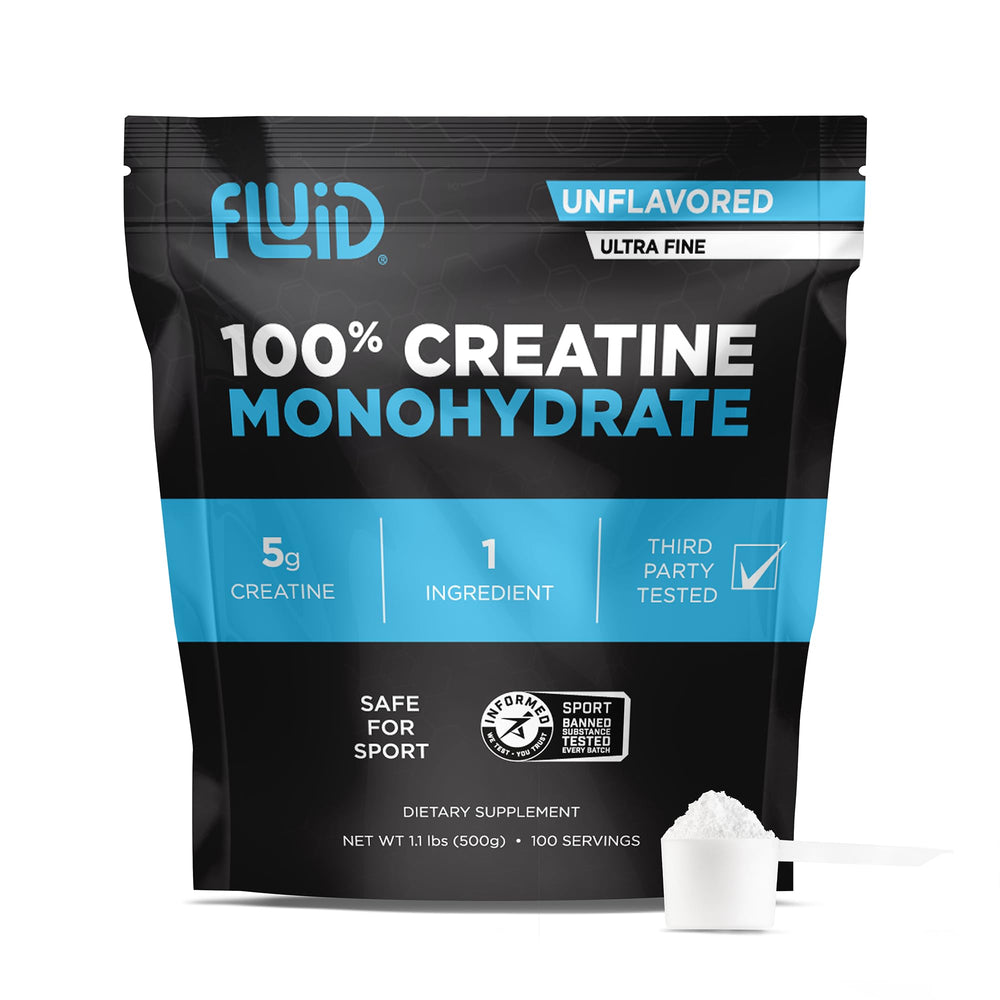 Front view of Fluid Creatine Monohydrate Powder pouch