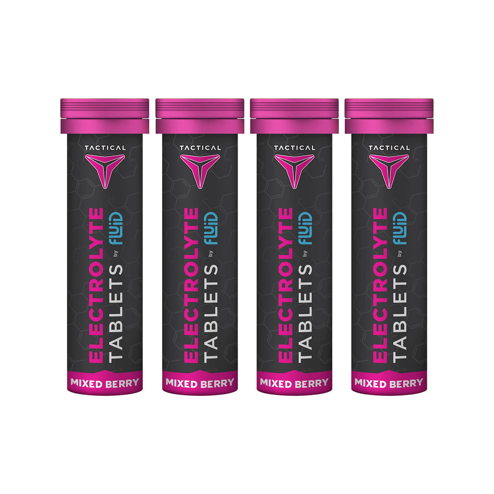 Fluid Tactical 40-count tablets in a mixed-berry bottle for on-the-go hydration