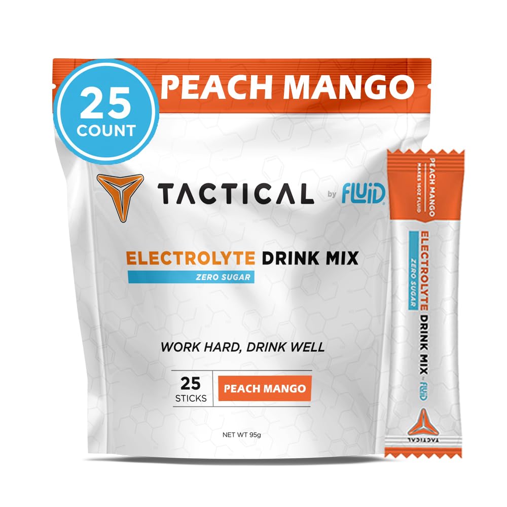 Fluid Tactical peach mango packet showing convenient zero-sugar hydration on the go.