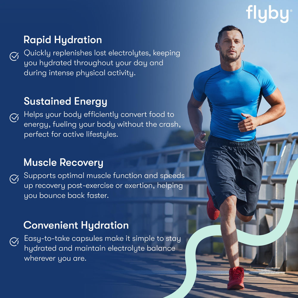 Flyby Electrolyte Capsule energy support visual suggests sustained daily performance.