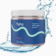 Flyby Electrolytes Powder strawberry lemonade highlights plant-based formula and natural sweetness