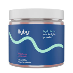 Flyby Electrolytes Powder Strawberry Lemonade tub front for sugar-free hydration on the go