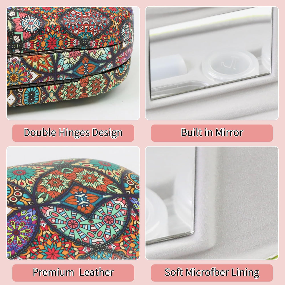 Opened case showing compartments for eyeglasses and contact lenses