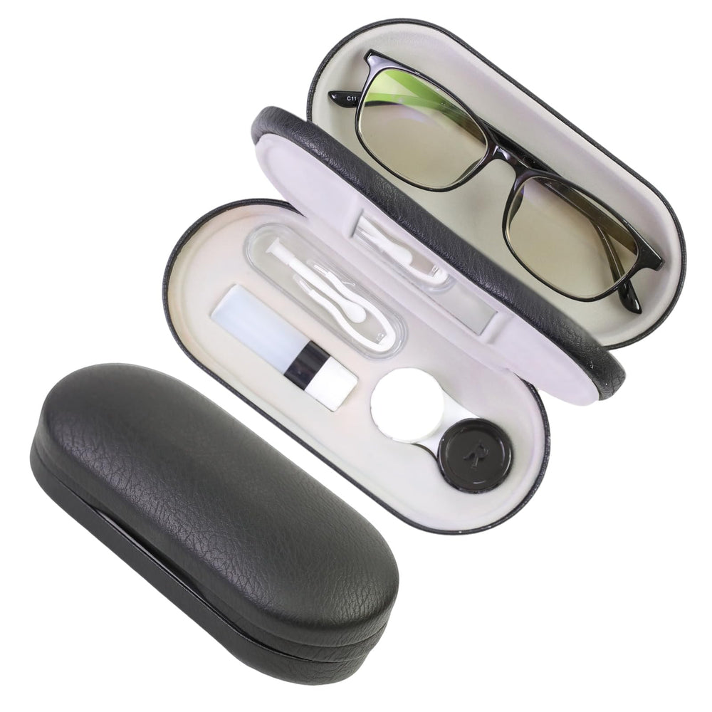 Front view of FlyingMage 2-in-1 contact lens case and eyeglasses case in black