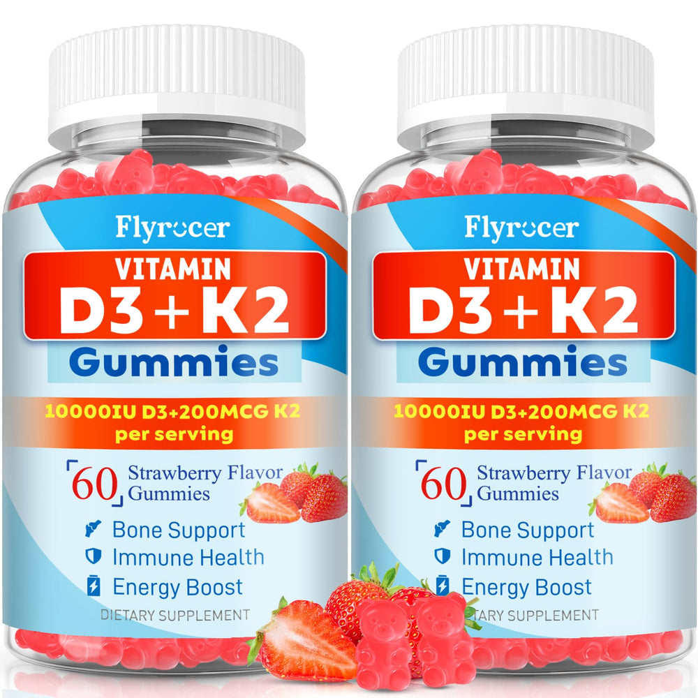 Flyrocer D3 K2 Gummies bottle front label in strawberry flavor
