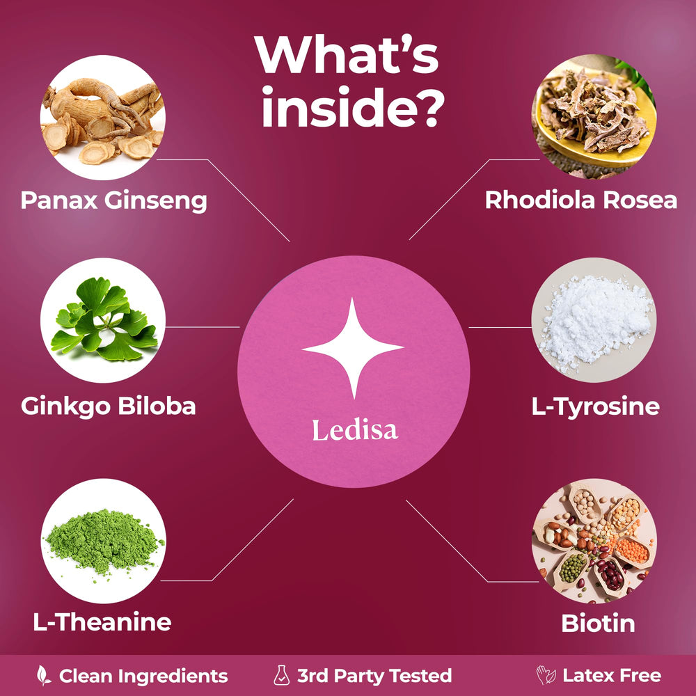 Close-up of natural ingredients: Rhodiola Rosea, Panax Ginseng and Ginkgo Biloba.