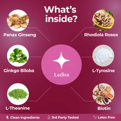 Close-up of natural ingredients: Rhodiola Rosea, Panax Ginseng and Ginkgo Biloba.