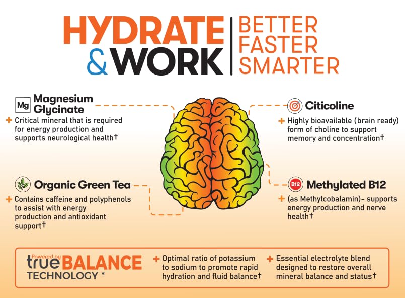 Illustration of brain-boosting ingredients: citicoline, caffeine, and B12