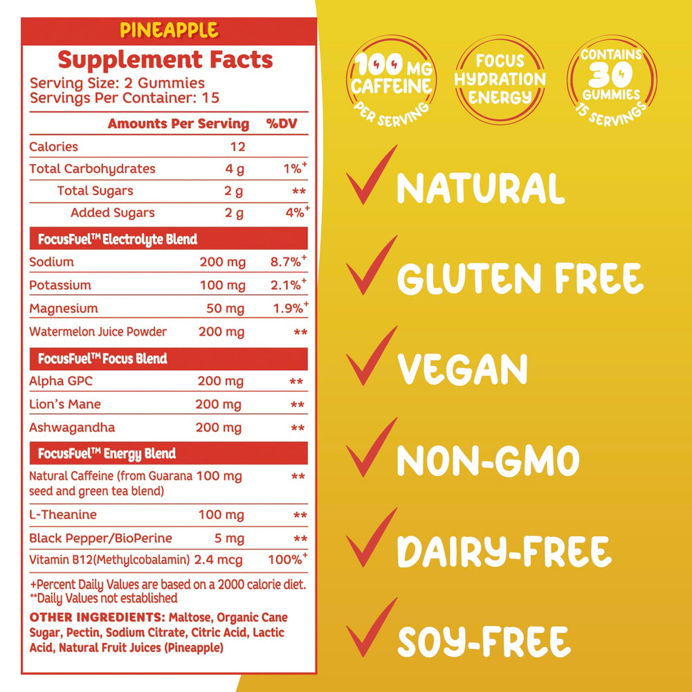 Close-up of ingredients panel for FocusFuel Pineapple Energy Chews