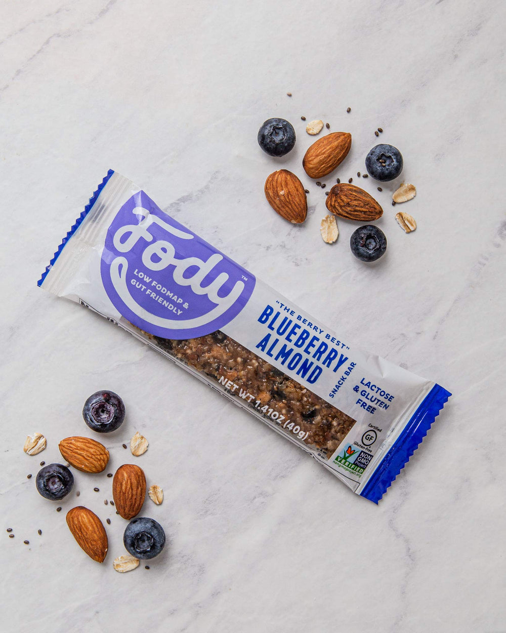 Fody blueberry-almond snack bar crunchy-texture — crisp bite with real fruit flavor.