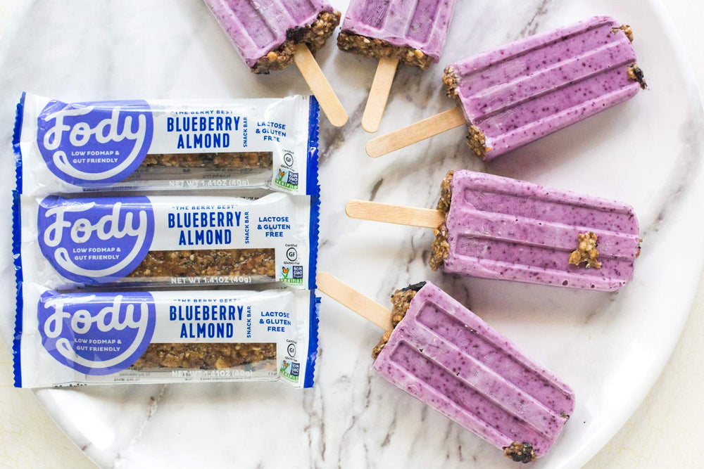 Fody blueberry-almond snack bar nutrition-info — lactose-free, non-GMO, gluten-free goodness.