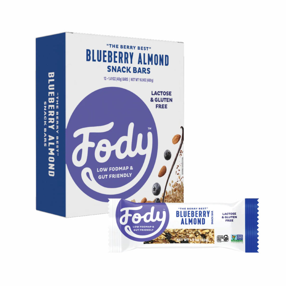 Fody blueberry-almond snack bar pack — convenient IBS-friendly protein on the go.