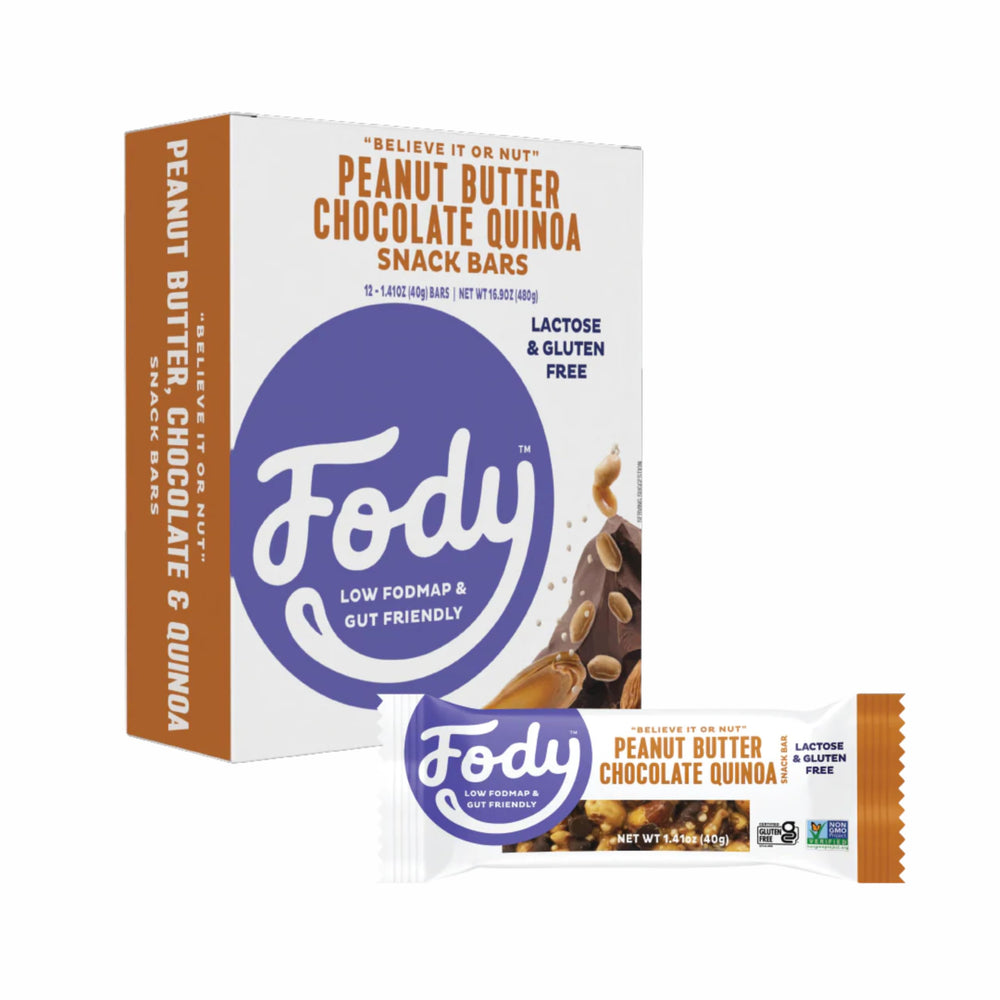 Fody Peanut Butter Chocolate Quinoa bar pack ready for IBS-friendly snacking.
