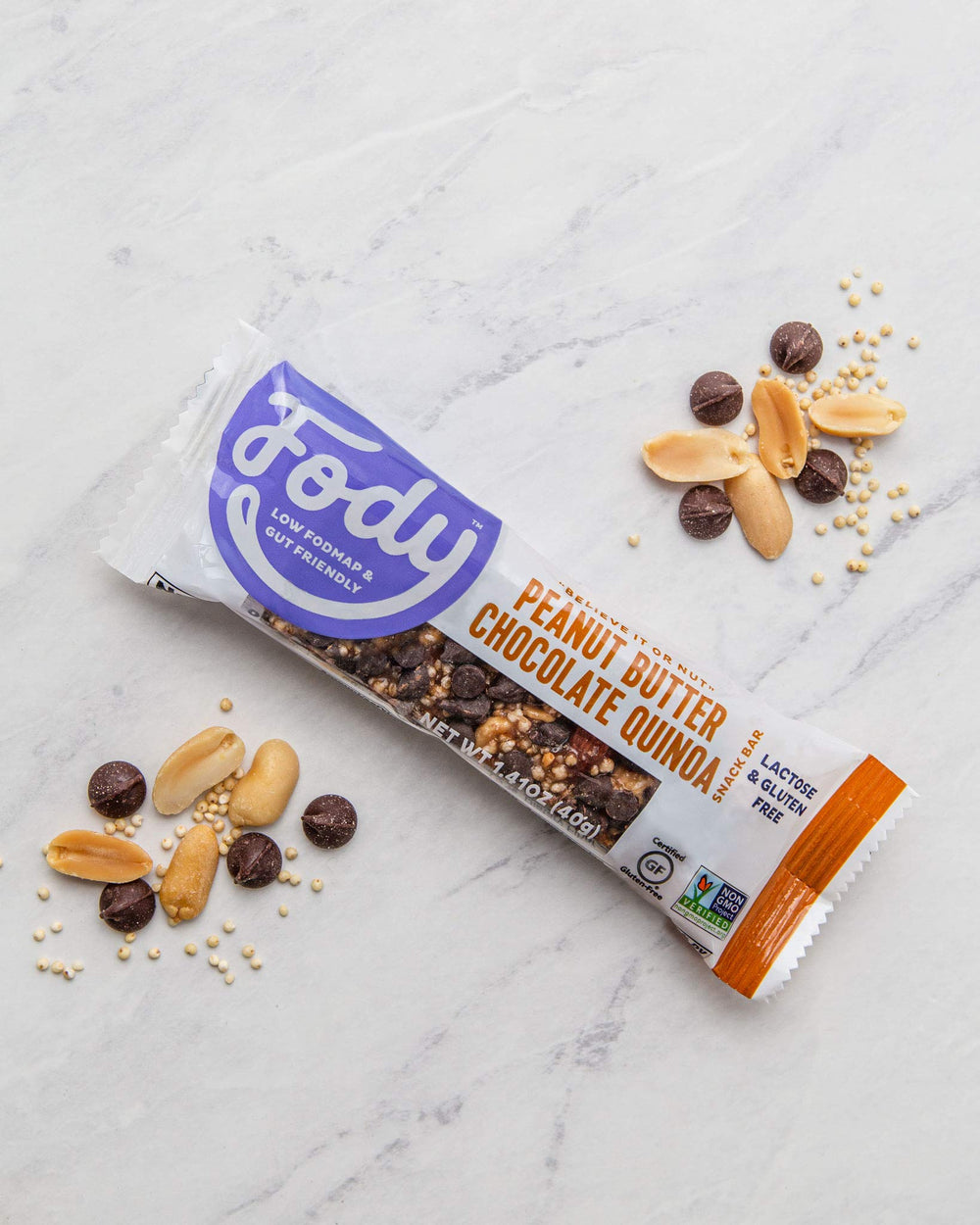 Fody roasted almonds and peanut butter bar showcases crunchy, lactose-free bite.