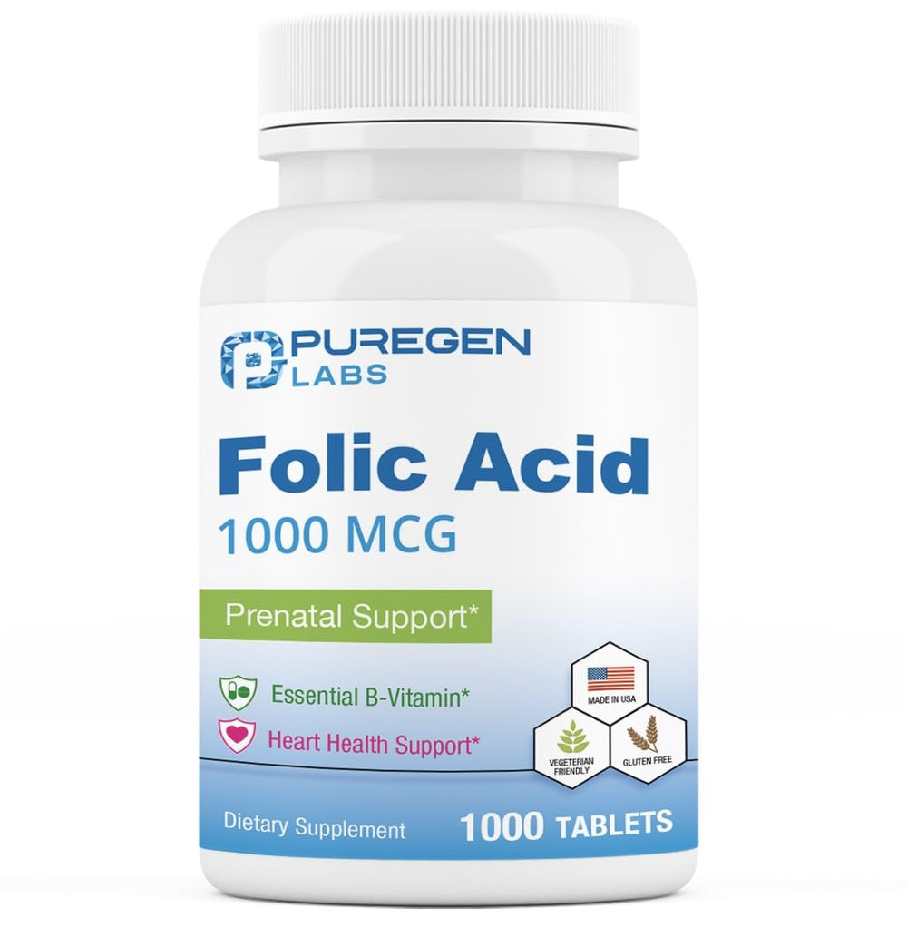 Bottle of Puregen Labs Folic Acid 1000 mcg tablets - front view