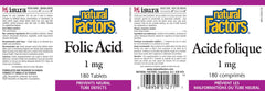 Front packaging of Natural Factors Folic Acid 1mg (180 tablets)