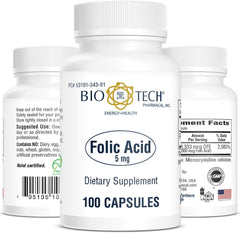 Folic acid capsules displayed for BioTech Pharmacal 5mg