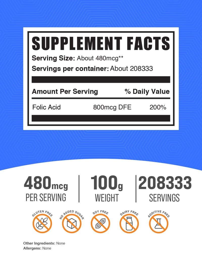 Bottle of folic acid powder labeled 480mcg per serving