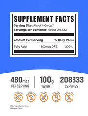 Bottle of folic acid powder labeled 480mcg per serving