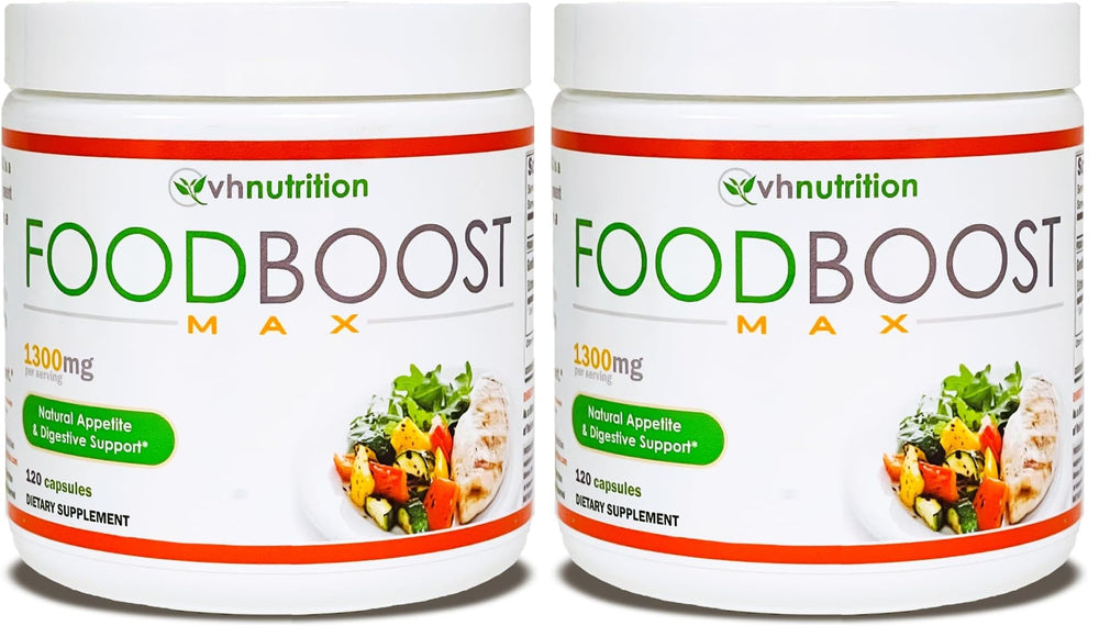 FoodBoost MAX 2-pack bottle label showing 1300mg per serving