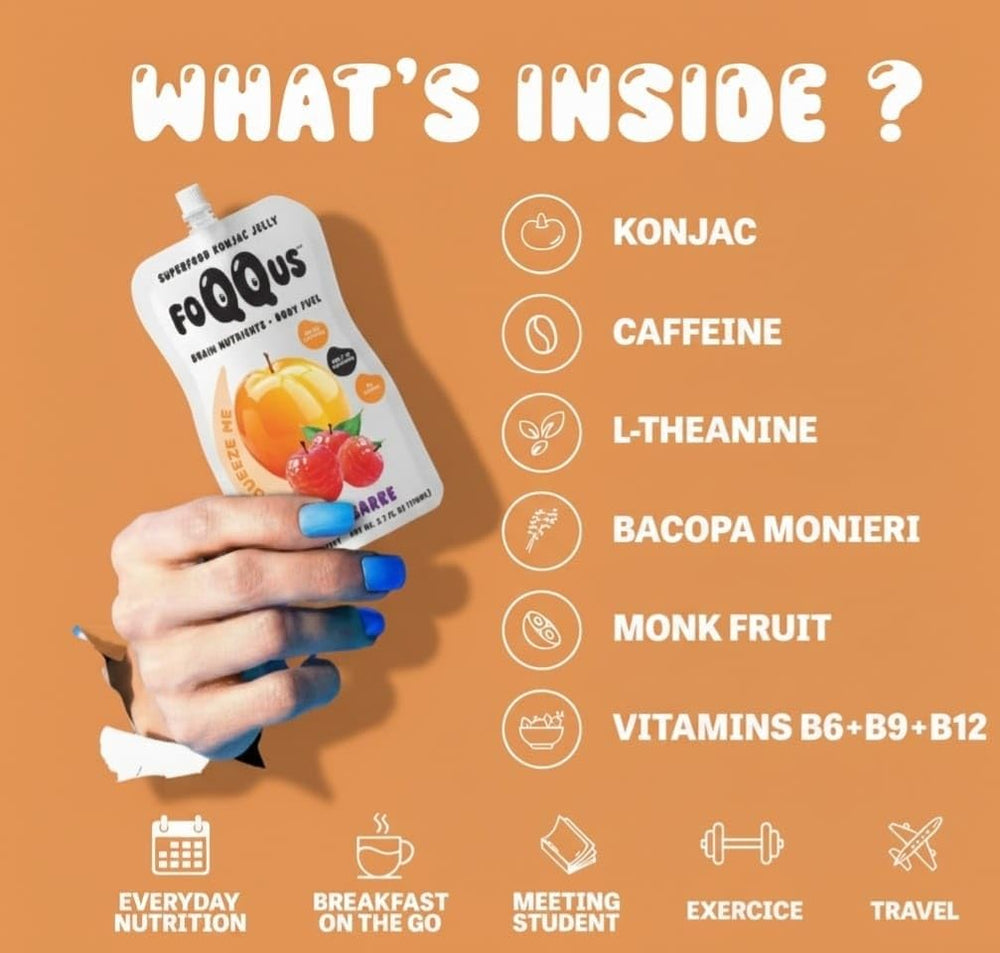 FOQQUS Peach Lychee Konjac Jelly ingredients feature Bacopa and caffeine for focus