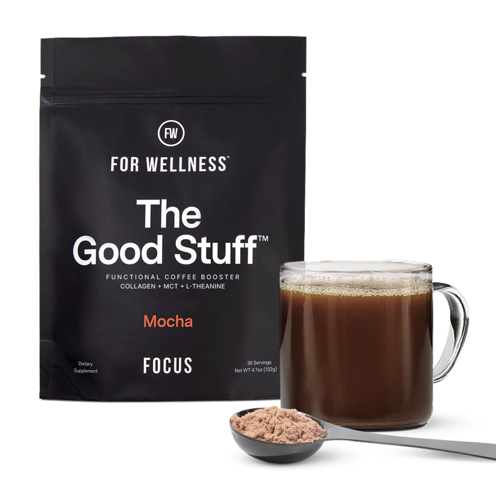 Front label of For Wellness The Good Stuff Focus mocha coffee booster