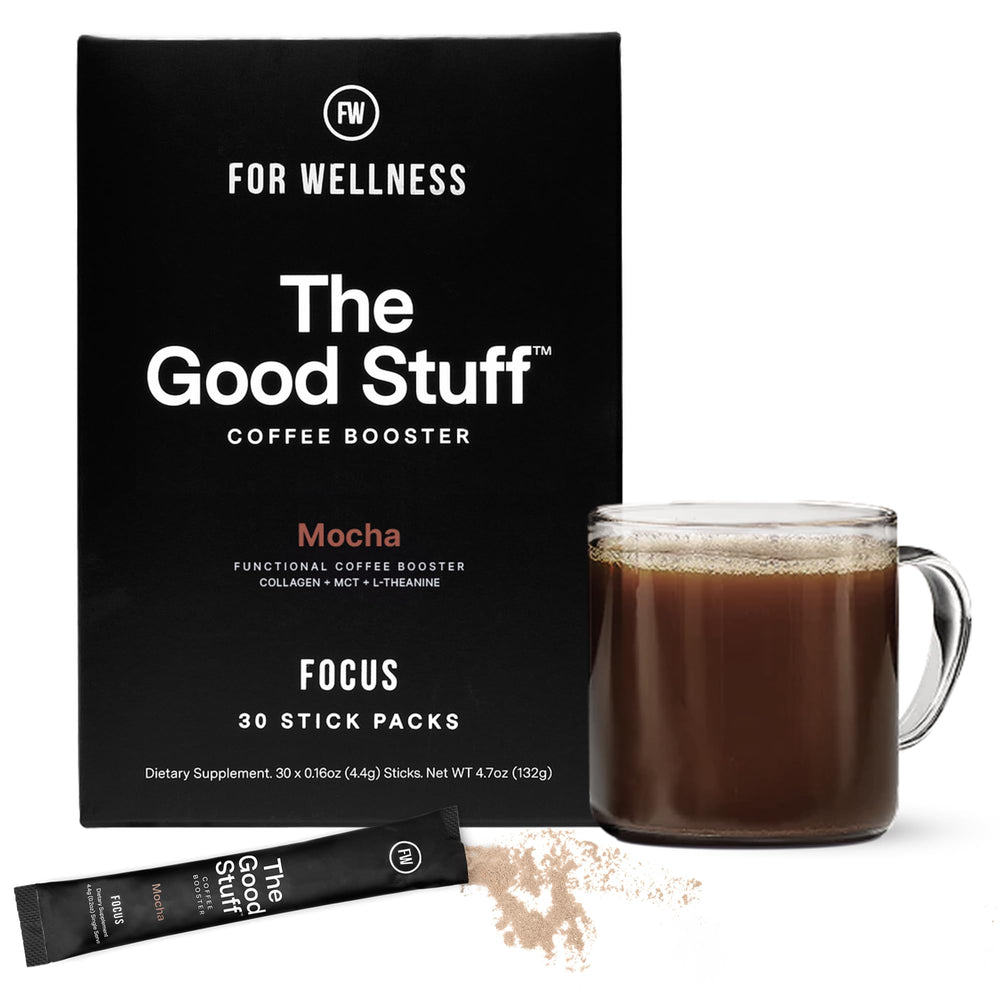 Front view of For Wellness The Good Stuff Focus Mocha Coffee Booster bottle