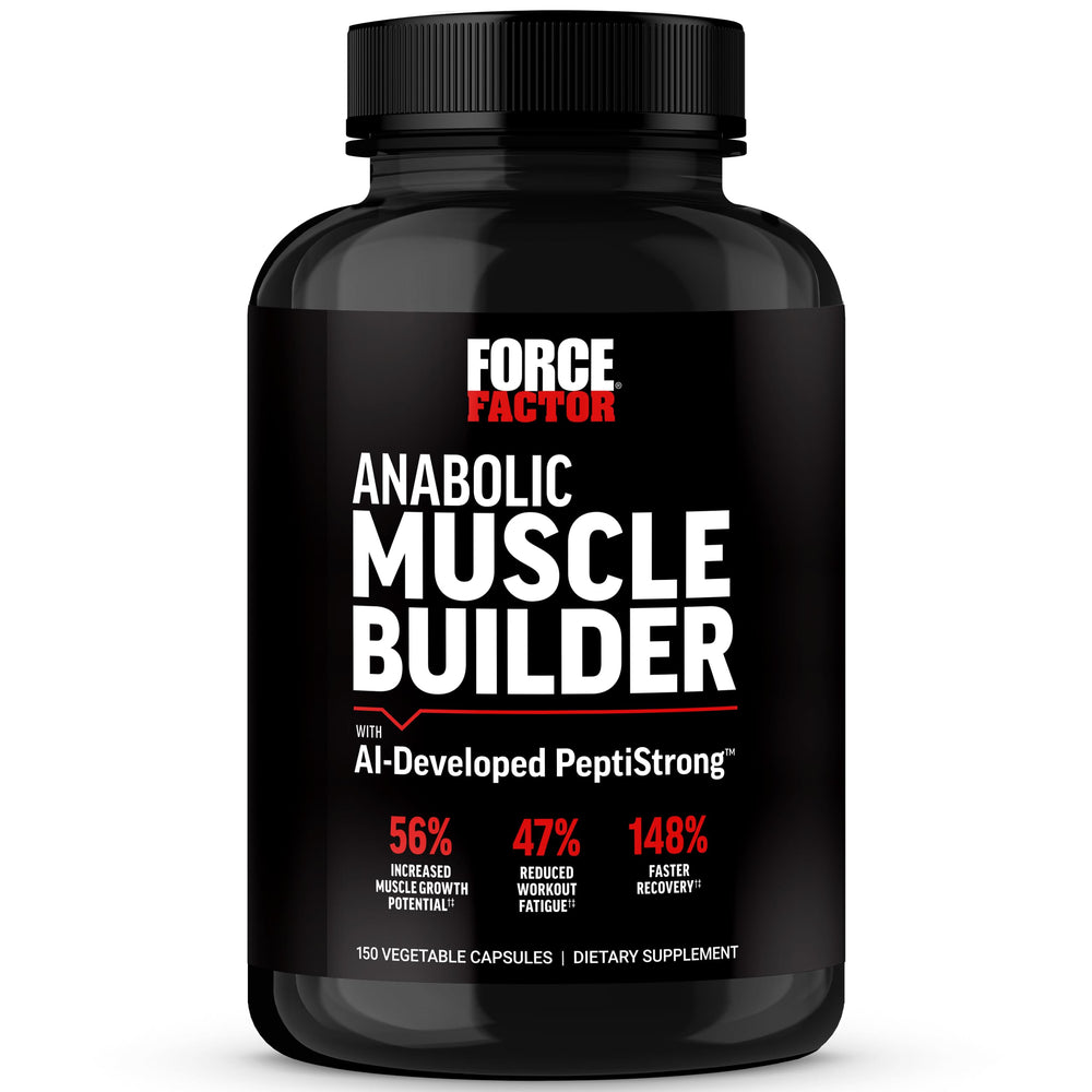 Force Factor Anabolic Muscle Builder bottle close-up highlighting recovery support after workouts