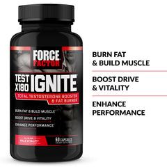 Force Factor Test X180 Ignite caffeine-green tea blend energizes workouts and supports thermogenesis.