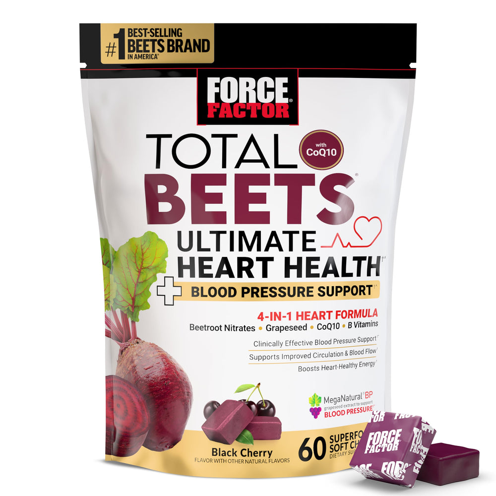 Bottle of FORCE FACTOR Total Beets Ultimate Heart Health Chews