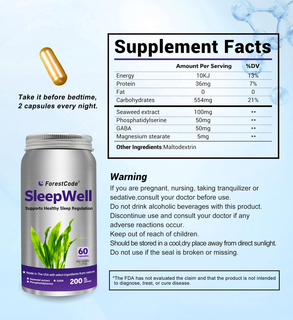 Close-up of ForestCode Sleep Aid bottle showing 60 capsules
