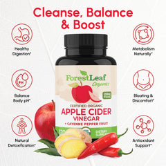 ForestLeaf ACV capsules closeup shows high-potency 1200mg formula for daily wellness.