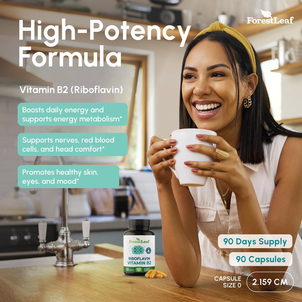 Packaging layout for ForestLeaf B2 Riboflavin 400mg on a neutral background