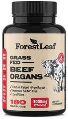 ForestLeaf Beef Organ Supplement bottle with 180 capsules on a wooden background
