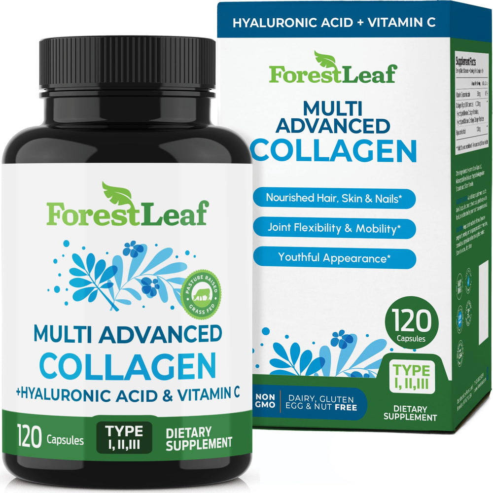 ForestLeaf Multi Collagen Pills bottle with 120 capsules on white background