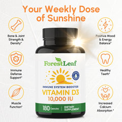 Close-up of ForestLeaf Vitamin D3 10,000 IU capsules