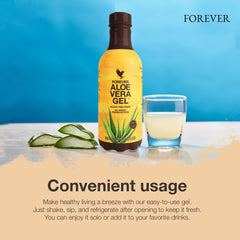 Visual showing shake, sip, and add Aloe Vera Gel to drinks