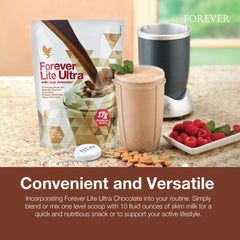 Chocolate protein powder scoop beside glass and milk