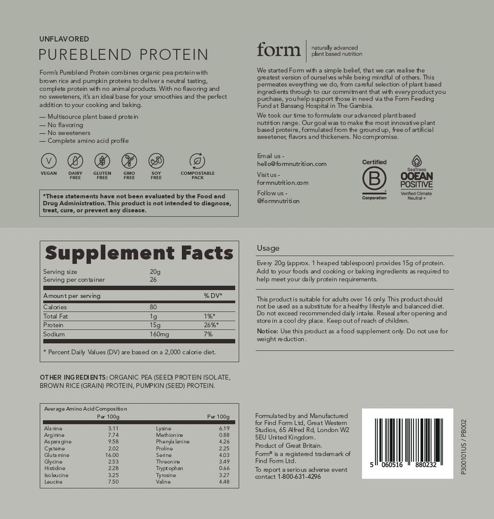 Form Pureblend Protein packaging emphasizes 100% plastic-free, compostable packaging.